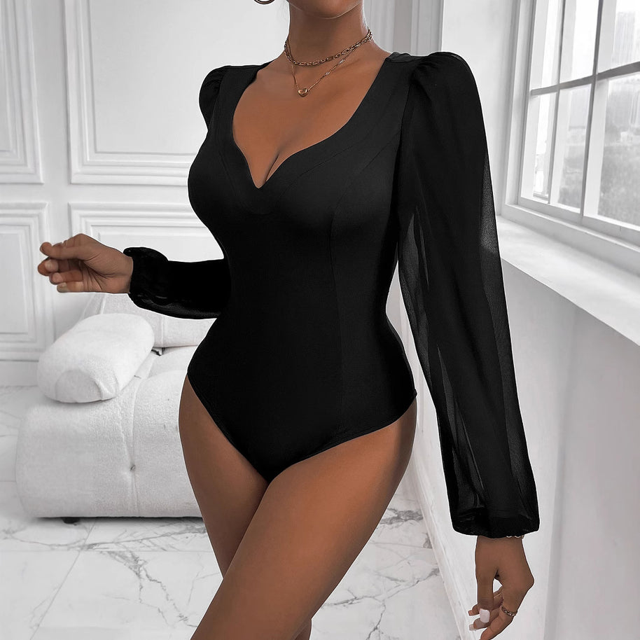 Damen Body mit tiefem V-Ausschnitt und transparenten Puffärmeln WW