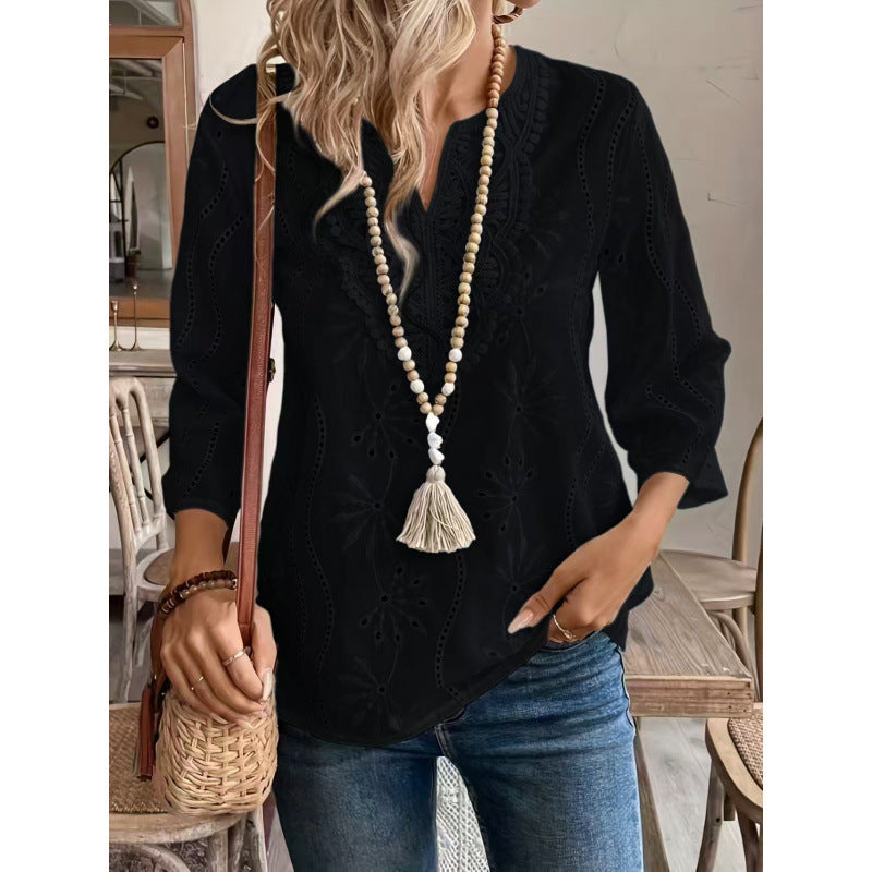 Damen bestickte Bohemian Bluse mit Dreiviertelärmeln WW