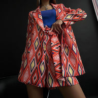 Damen Blazer und Shorts Set mit geometrischem Muster und taillierbarem Gürtel WW