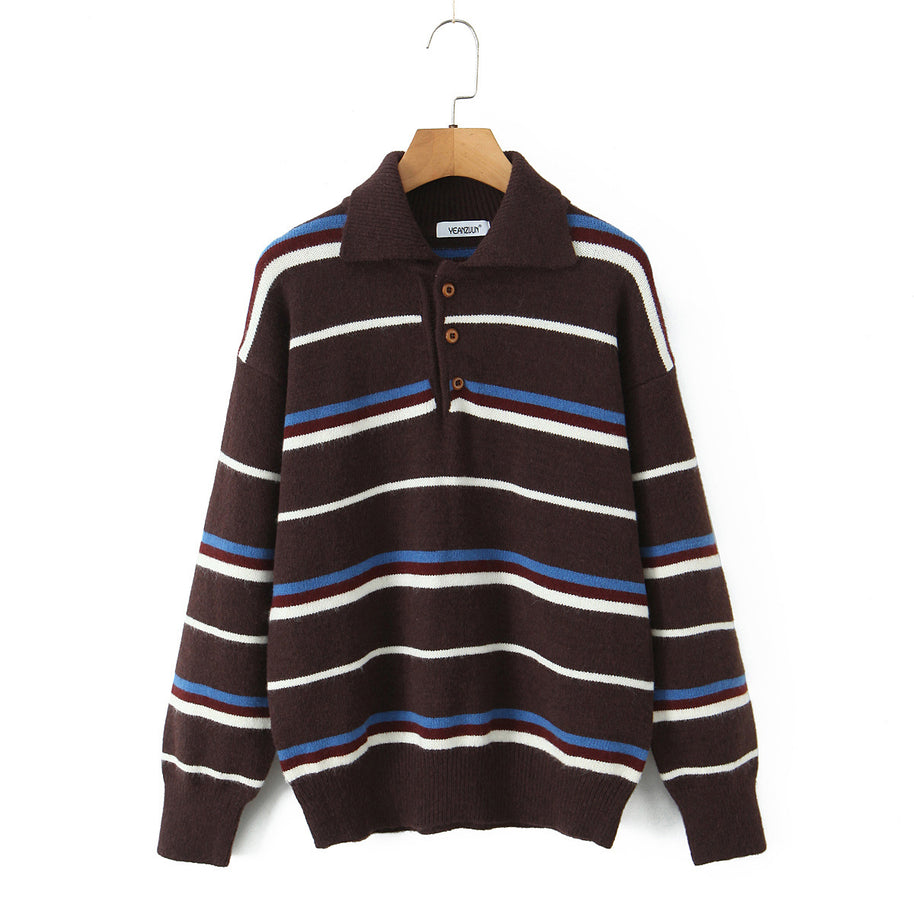 Damen gestreifter Poloshirt-Strickpullover WW