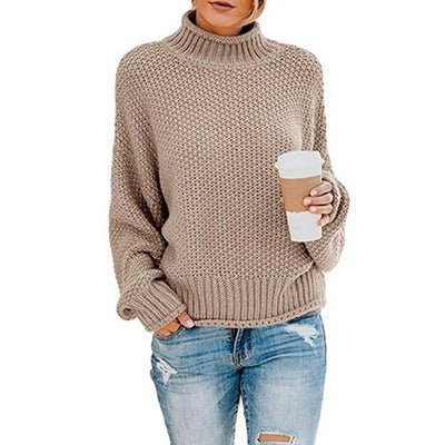 Damen Grobstrick Pullover mit Stehkragen und voluminösen Ärmeln WW
