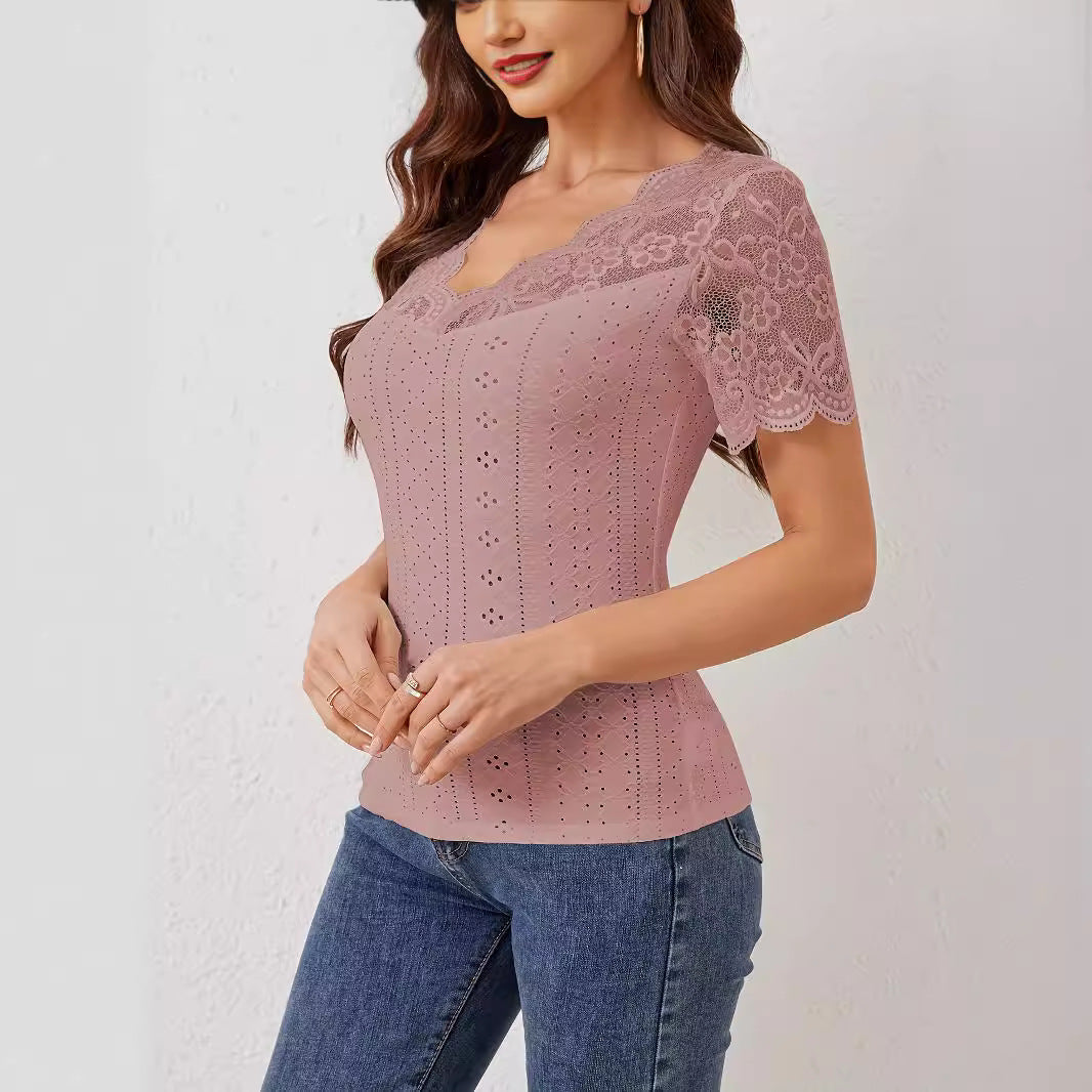 WW | V-Ausschnitt Spitzenverarbeitung Slim Fit Kurzarm T-Shirt