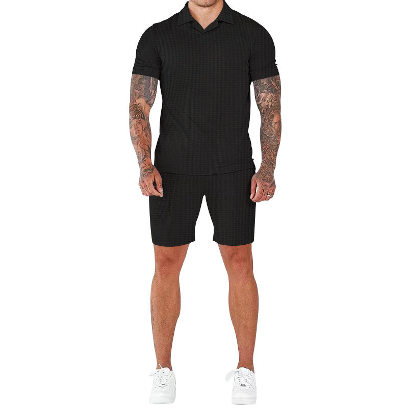 Herren lässiges Kurzarm-Set mit strukturiertem Design und modernem Stehkragen WW