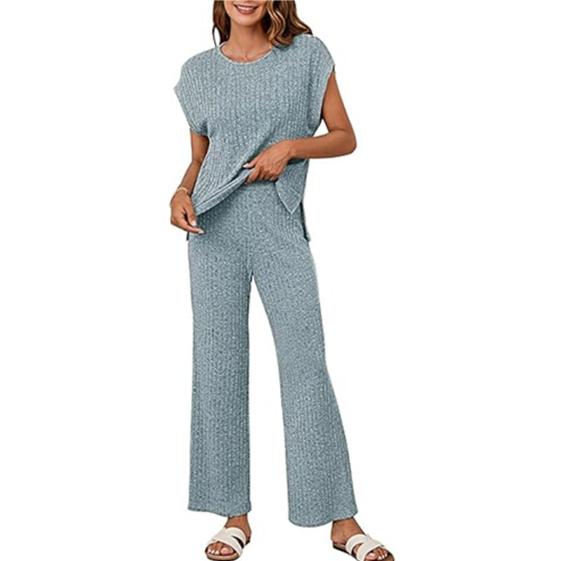 Damen Bequemes Strick-Loungewear-Set mit weiten Ärmeln und lockerer Passform WW