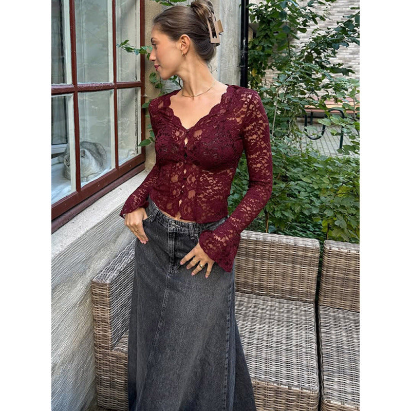 Damen Spitzenoberteil mit tiefem V-Ausschnitt und langen Ärmeln WW