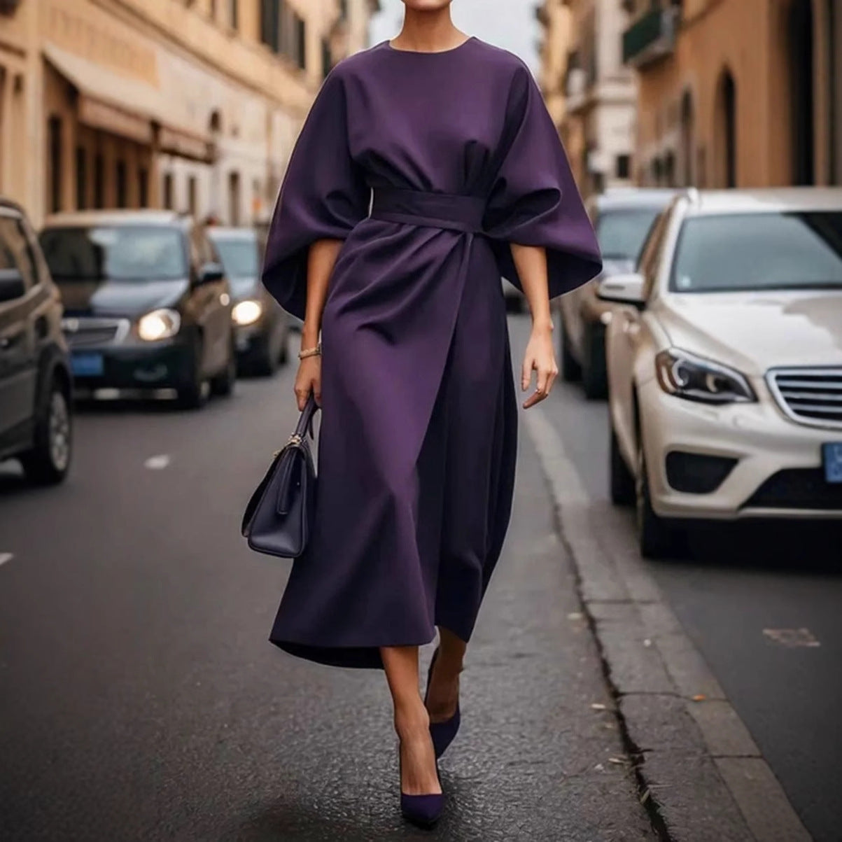 Damen Elegantes Maxikleid mit Puffärmeln und tailliertem Schnitt WW