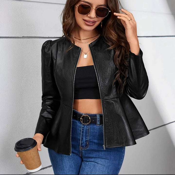 Damen Kunstlederjacke mit elliptischem Schnitt und Puffärmeln W&W Mode