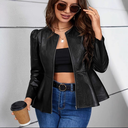 Damen Kunstlederjacke mit elliptischem Schnitt und Puffärmeln W&W Mode
