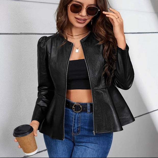 Damen Kunstlederjacke mit elliptischem Schnitt und Puffärmeln W&W