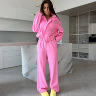 Damen sportlicher Fleece-Zweiteiler mit modernem Stehkragen und elastischem Bund WW