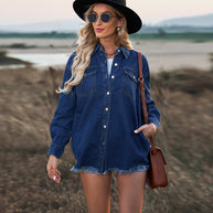 Damen Denim-Hemdjacke mit abgerundetem Saum und abnehmbaren Taschen WW