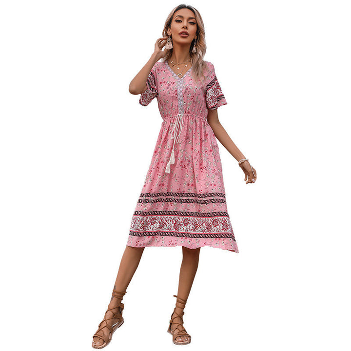 Damen Boho-Style Kleider mit Stickdetails und Taillenzugbund W&W Mode