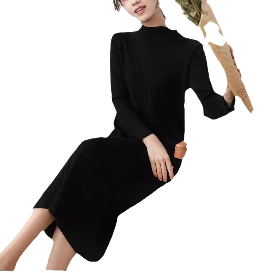Damen Strickkleid mit feiner Rippstruktur und hohem Kragen WW