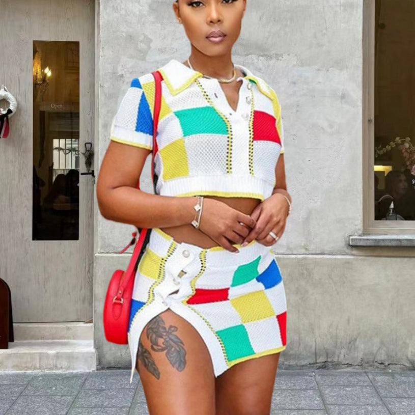 Damen Set aus modischem Crop-Top und figurbetonendem Rock mit Knopfdetails WW