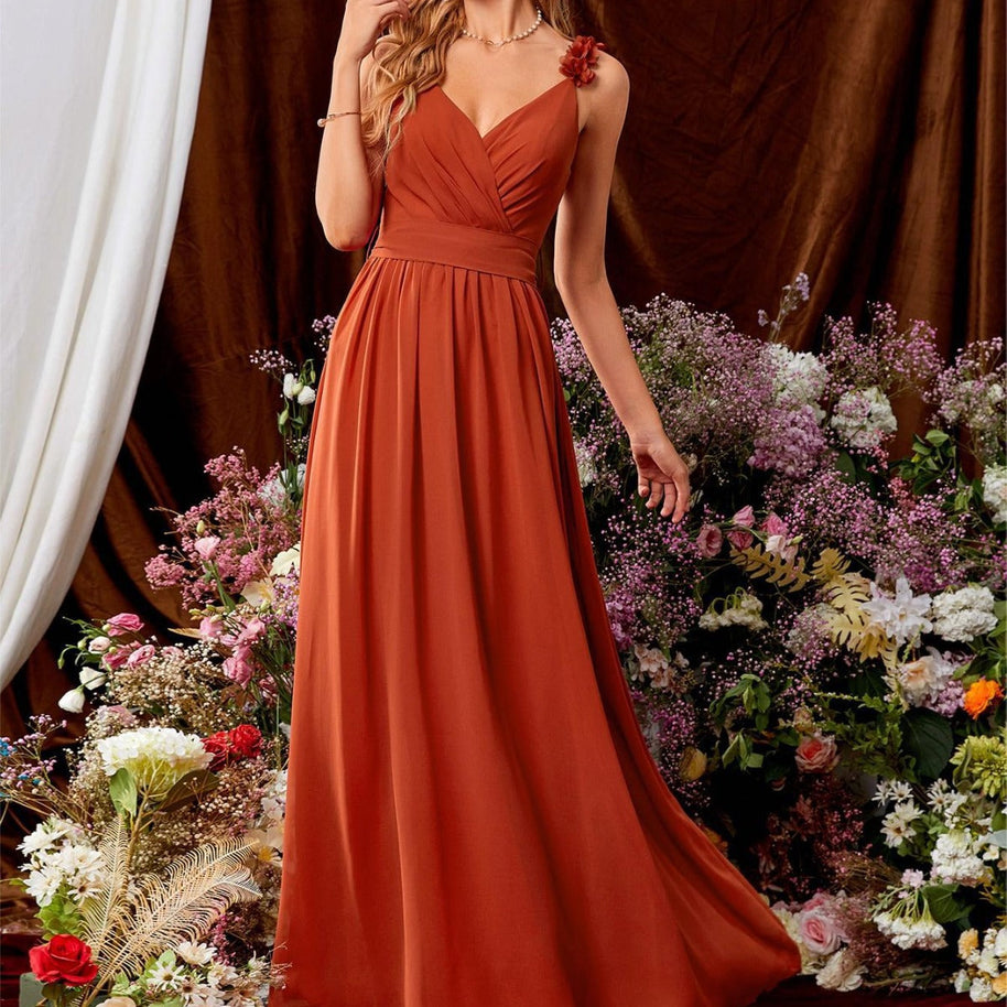 WW | V-Ausschnitt Träger Abendkleid Spitze Plissierter Rückenlos Sexy Groß Schwingtanz Kleid Festkleid Brautjungfernkleid Sommer