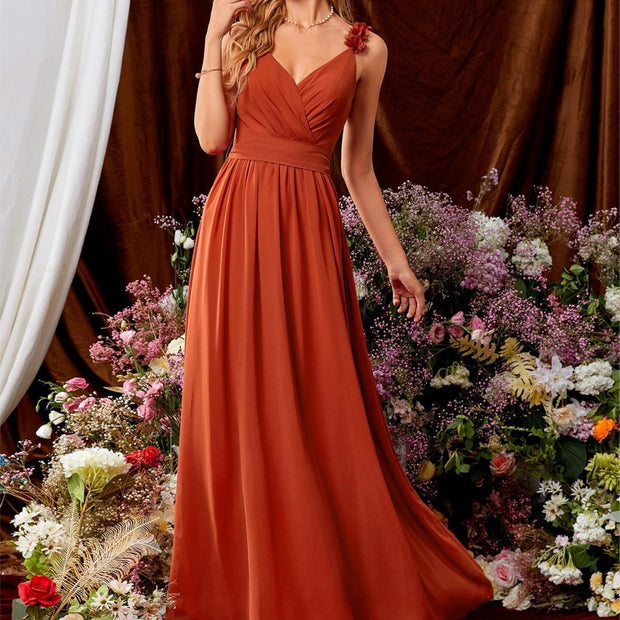 WW | V-Ausschnitt Träger Abendkleid Spitze Plissierter Rückenlos Sexy Groß Schwingtanz Kleid Festkleid Brautjungfernkleid Sommer