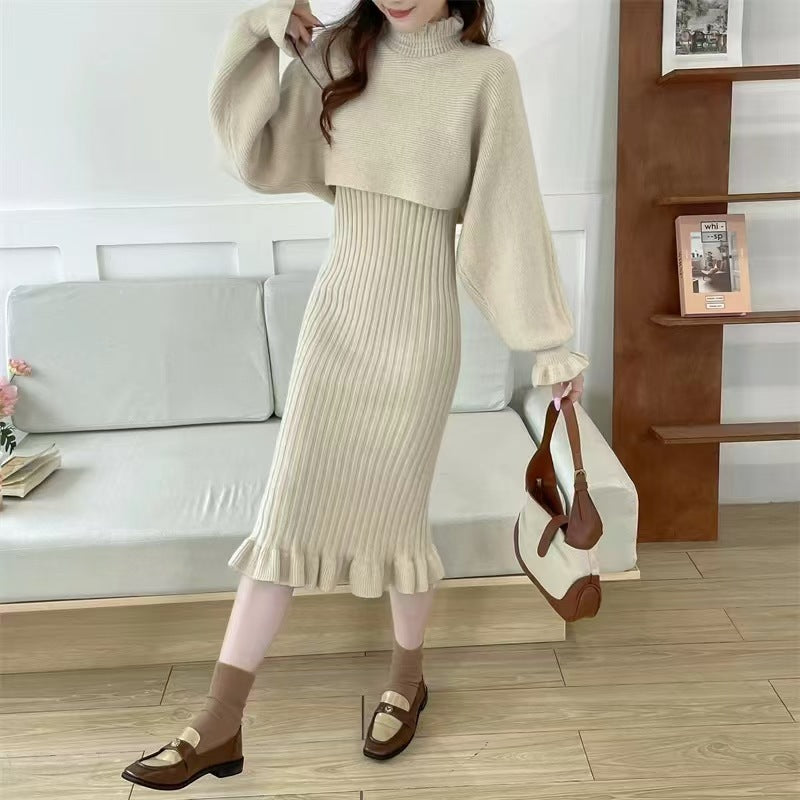 Damen Strickkleid mit hochgeschlossenem Kragen und Rippstruktur WW