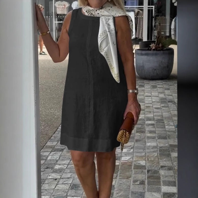 Damen Sommerkleid aus leichtem Leinenstoff mit modischem Halstuch WW