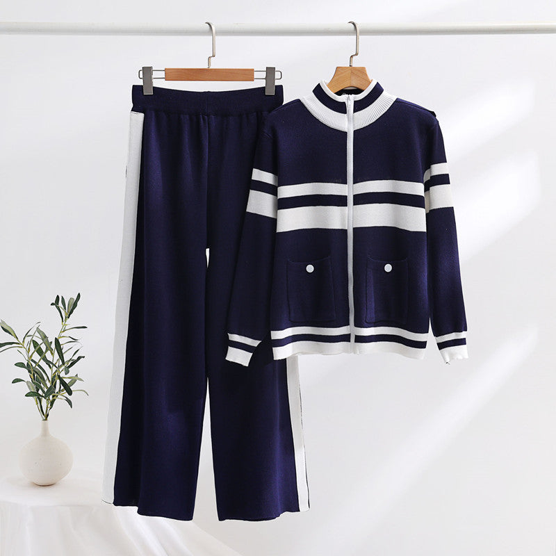 Damen sportliches Strick-Loungewear-Set mit geripptem Design und praktischen Taschen WW