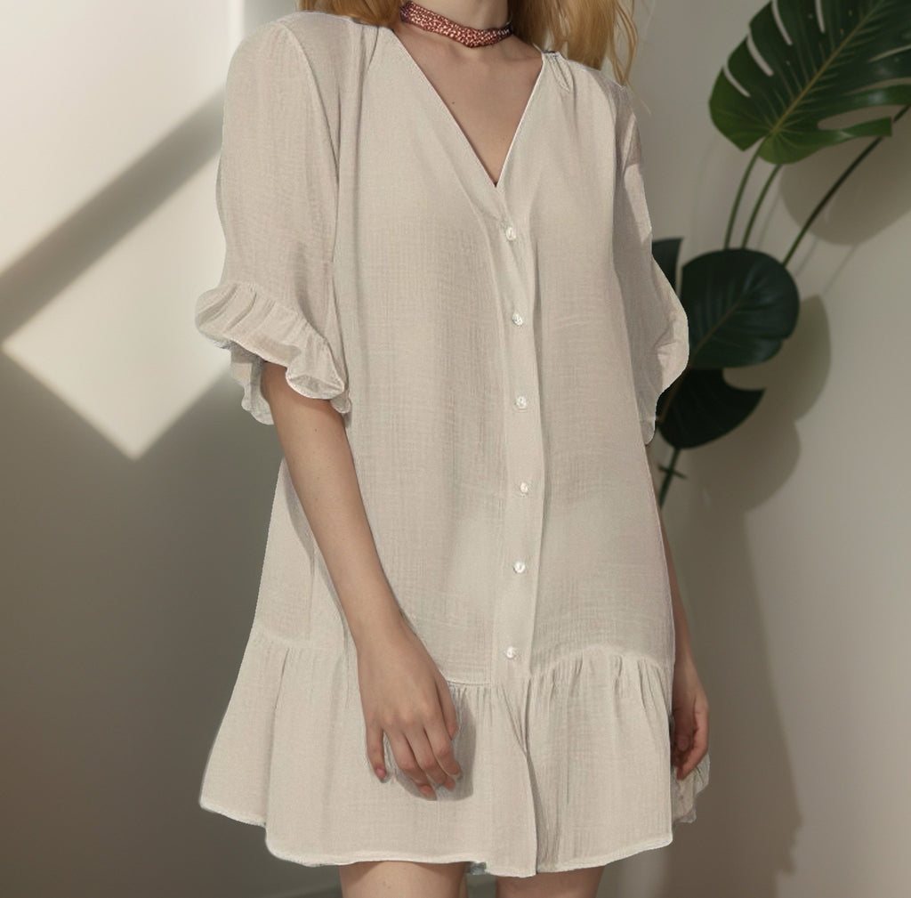 Damen Shirtkleid mit Puffärmeln und Volantabschluss WW