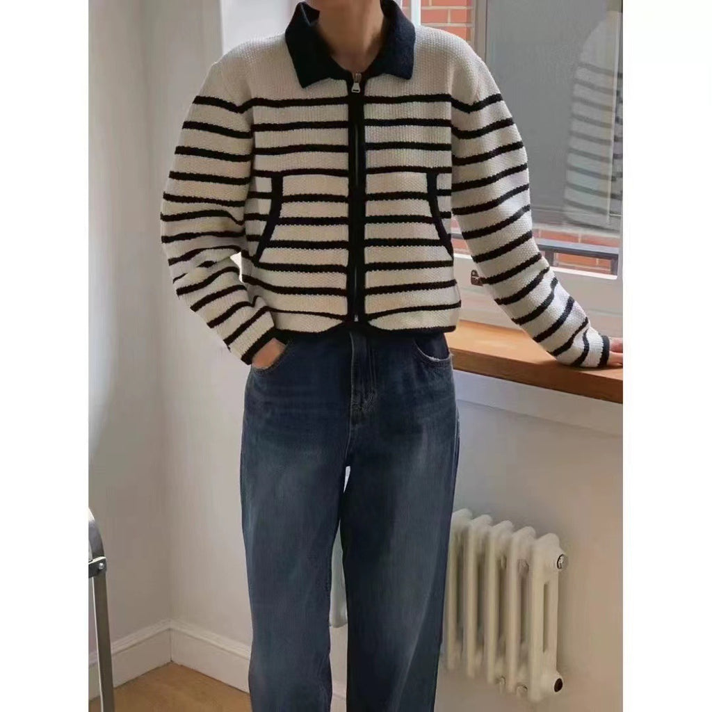 Damen gestreifter Kurzjacke mit praktischem Reißverschluss und seitlichen Taschen WW