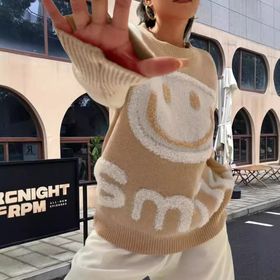 Damen Strickpullover mit fröhlichem Emoji-Motiv und komfortablem Schnitt WW