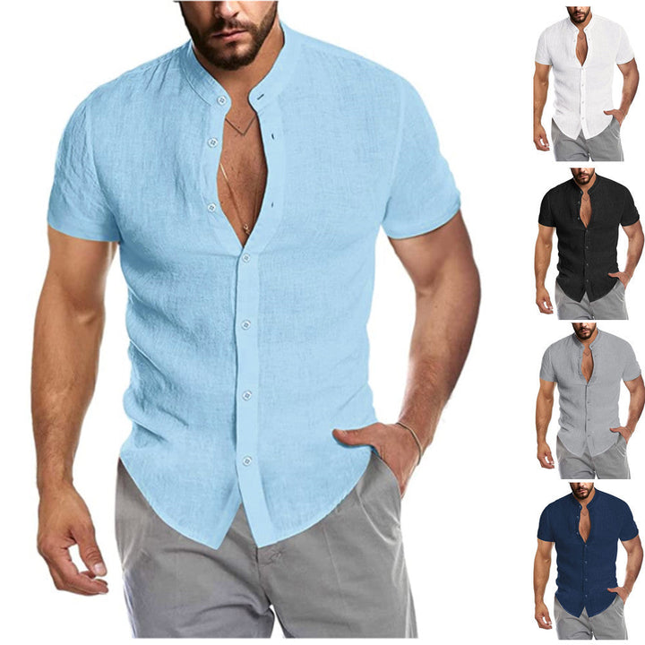 Herren Kurzarm Leinenhemd mit Stehkragen und dezenter Knopfleiste W&W Mode