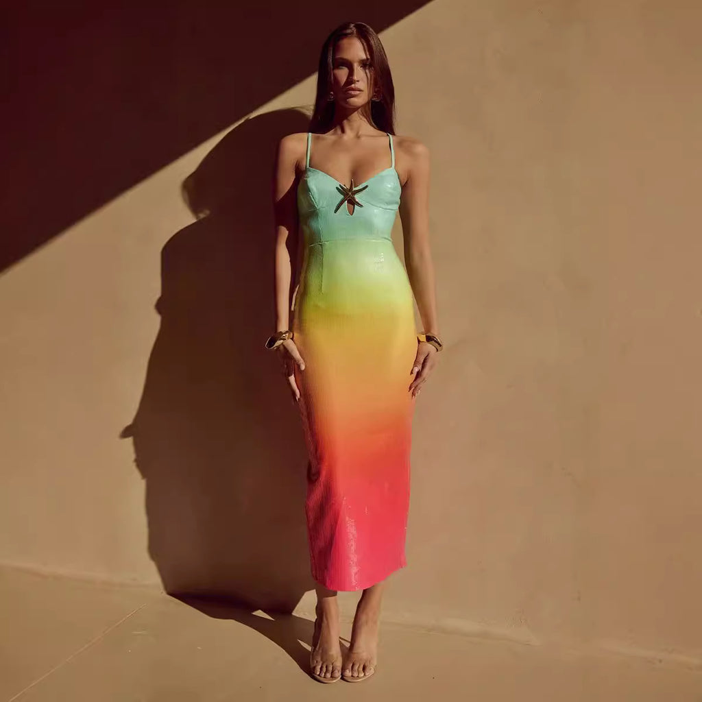 Damen figurbetontes Kleid mit zarten Spaghetti-Trägern und Farbverlauf WW