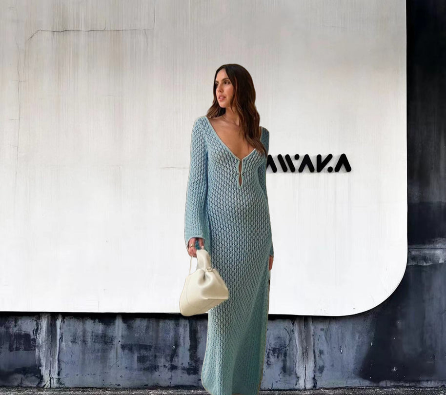 Damen Strick-Maxikleid mit tiefem V-Ausschnitt und modischen Rüschendetails WW