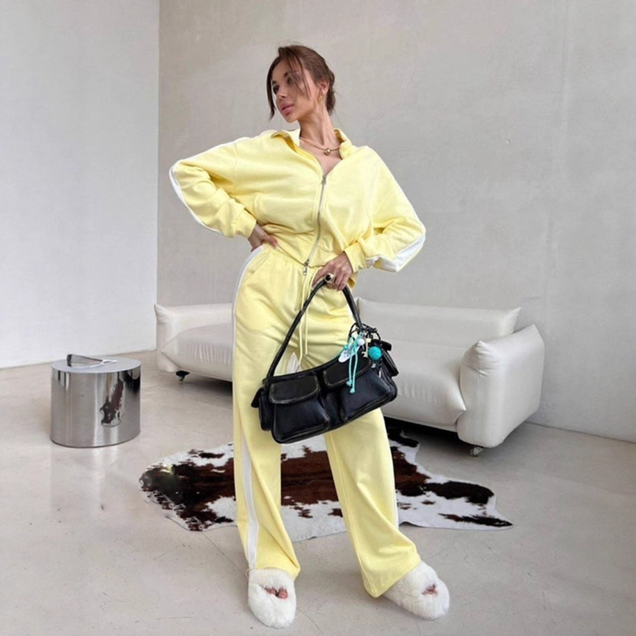 Damen sportliches Fleece-Anzug-Set mit mittellangem Reißverschluss und seitlichen Taschen WW