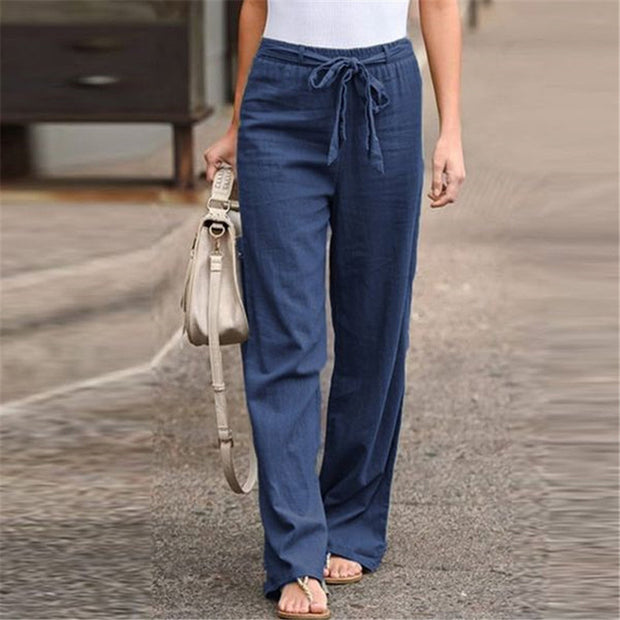 Damen bequeme Leinenhose mit elastischem Bund und verstellbarem Bindegürtel WW