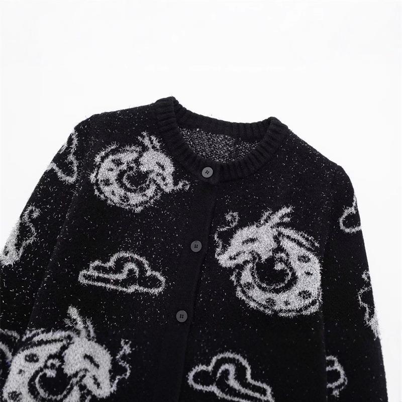 Damen Strickjacke mit einzigartigem Drachenmuster und Knopfleiste WW