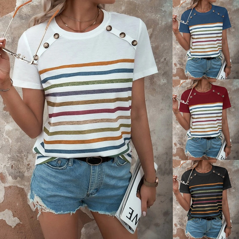 Damen gestreiftes T-Shirt mit modischen Knopfdetails und Rundhalsausschnitt WW