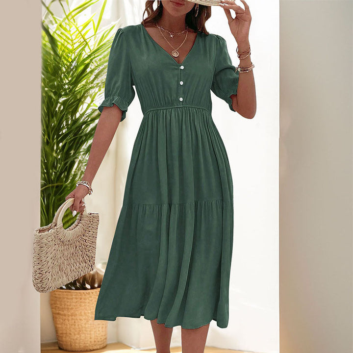 Damen Midi-Kleid mit knöpfbarem V-Ausschnitt und luftigen Puffärmeln W&W Mode