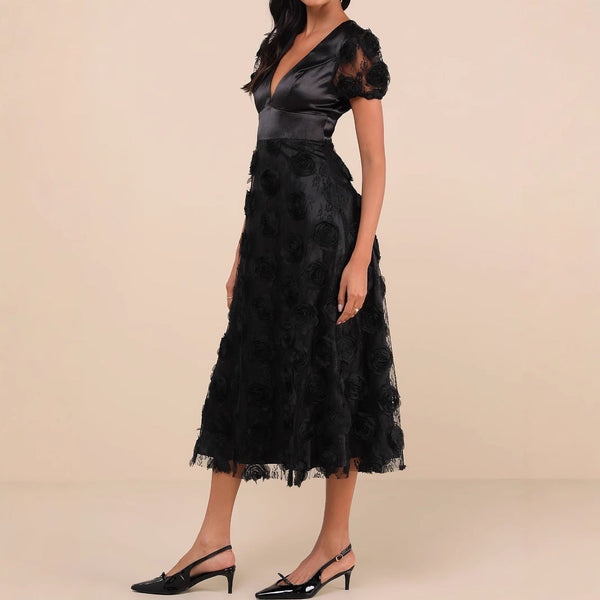 WOLFF | Satin Mesh Spliced V-Ausschnitt Kurzarm Cocktailkleid