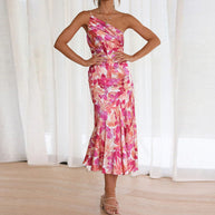 Damen Elegantes Maxikleid mit asymmetrischem Träger und floralem Design WW