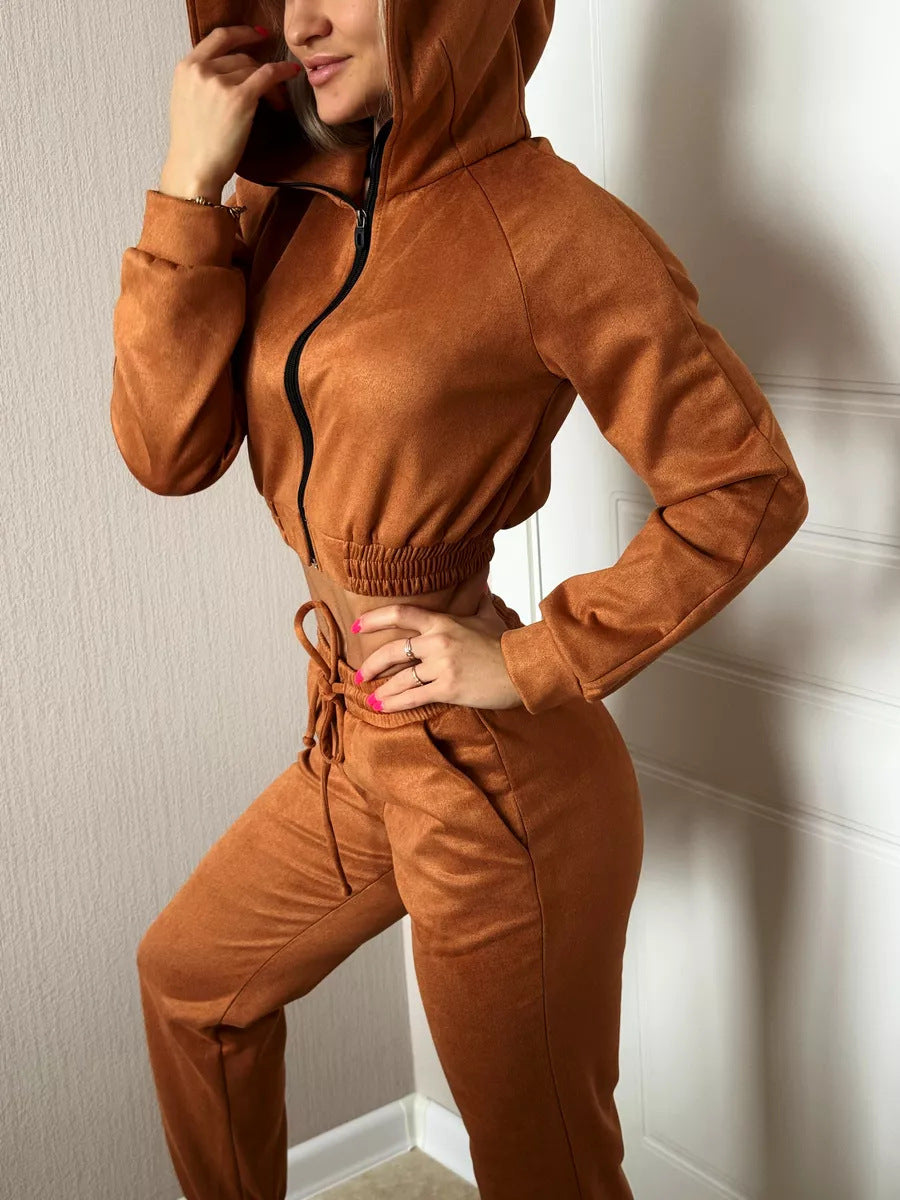 Damen Sportliches Fleece-Cropped-Set mit Kapuze und elastischem Bund WW