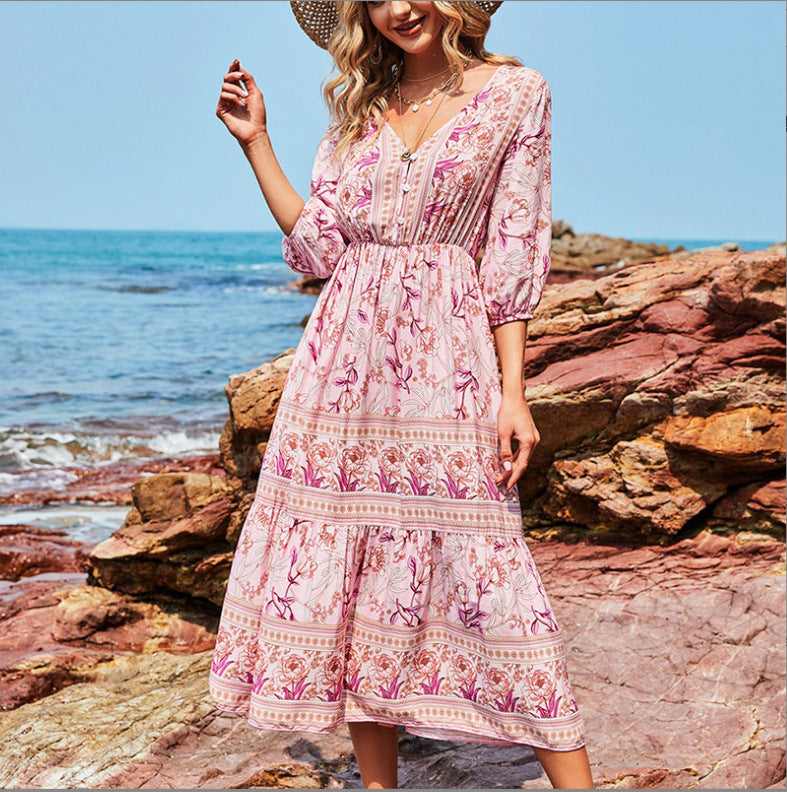 WW | Damen Midikleid mit V-Ausschnitt und Blumenmuster
