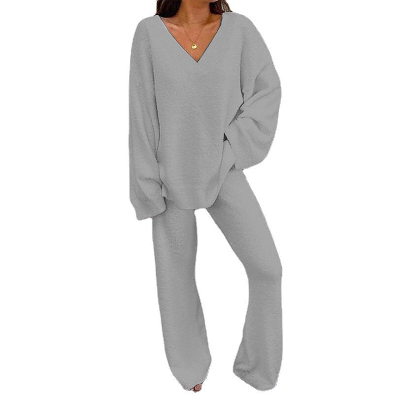 Damen Bequemes Fleece-Loungewear-Set mit V-Ausschnitt WW