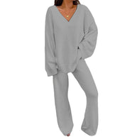 Damen Bequemes Fleece-Loungewear-Set mit V-Ausschnitt WW