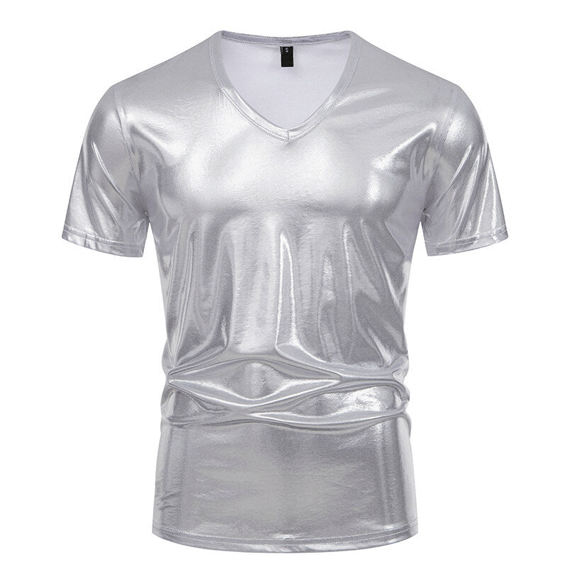Herren Glänzendes Metallisches V-Ausschnitt T-Shirt WW