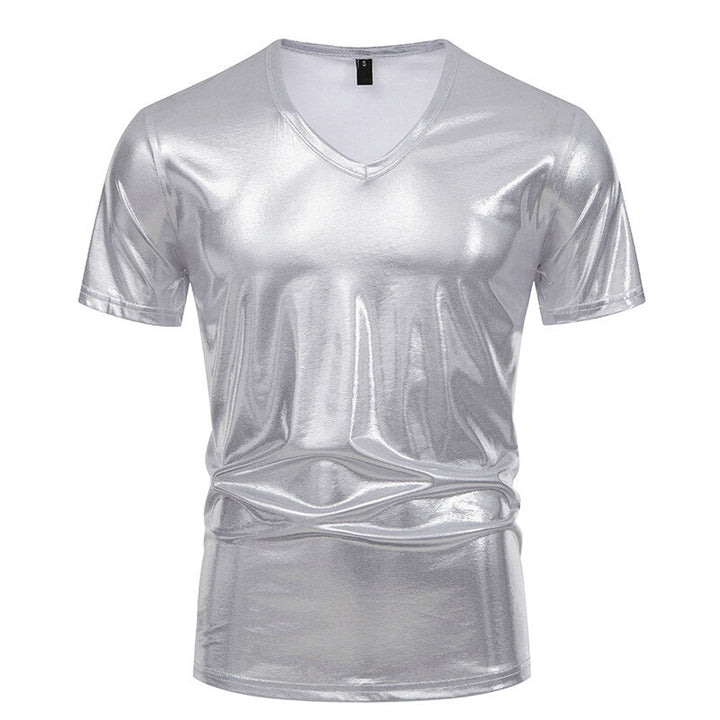 Herren Glänzendes Metallisches V-Ausschnitt T-Shirt W&W Mode
