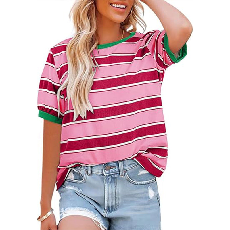 Damen lässiges Streifen T-Shirt mit Kurzarm und Rundhalsausschnitt WW