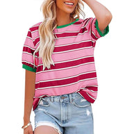 Damen lässiges Streifen T-Shirt mit Kurzarm und Rundhalsausschnitt WW