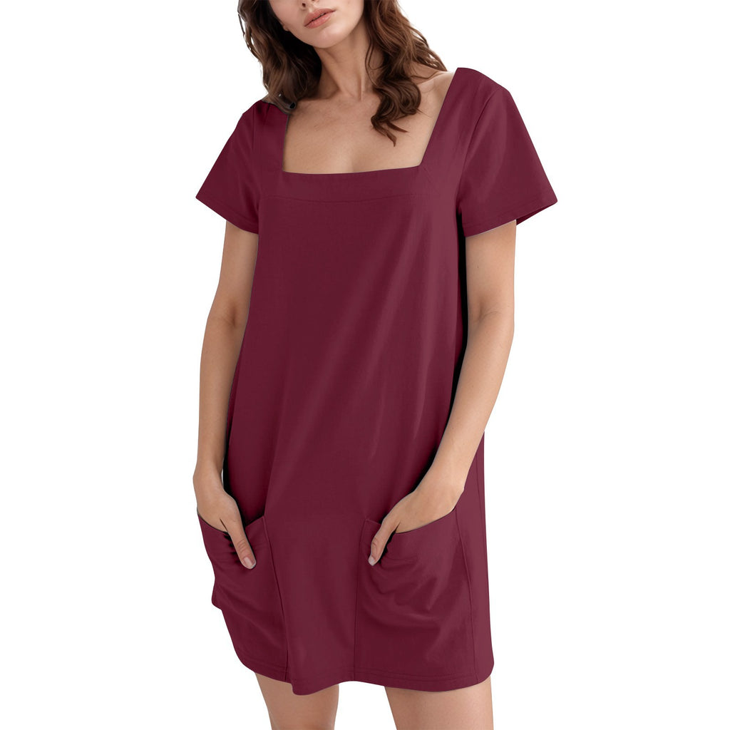 Damen lässiges Tunika-Kleid mit praktischen Taschen und Quadrat-Ausschnitt WW