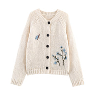 Damen Strickjacke mit floralem Stickmuster und Knopfverschluss WW