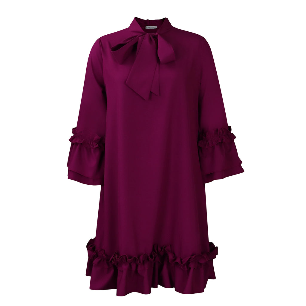 Damen Tunika-Kleid mit eleganten Rüschen und schickem Schleifenkragen WW