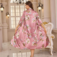 Damen Floral Satin Robe mit offenem Schlitz WW
