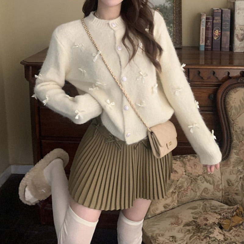 Damen Strickjacke mit dekorativen Schleifenapplikationen WW