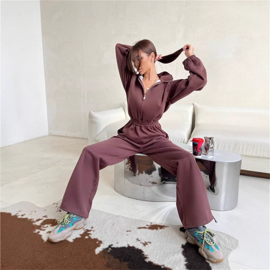 Damen sportliches Fleece-Set mit hohem Kragen und lockeren Hosen WW